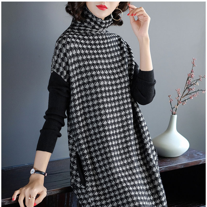 Women Black Houndstooth Knitting Stretch Sweater Dress Winter Female Dresses Vestido Clothing Robes alx