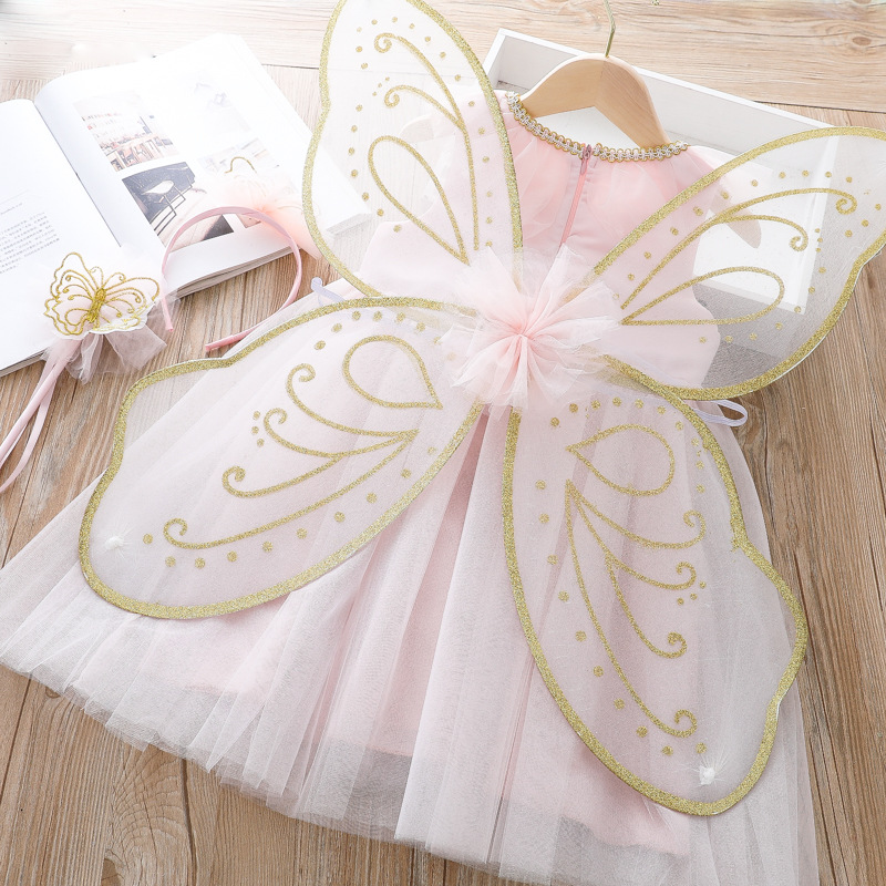 Teen Girl Summer Dress Wings Butterfly Fairy Cosplay Costume New Princess Children Girls Dresses Sleeveless Cotton Mesh Clothing alx