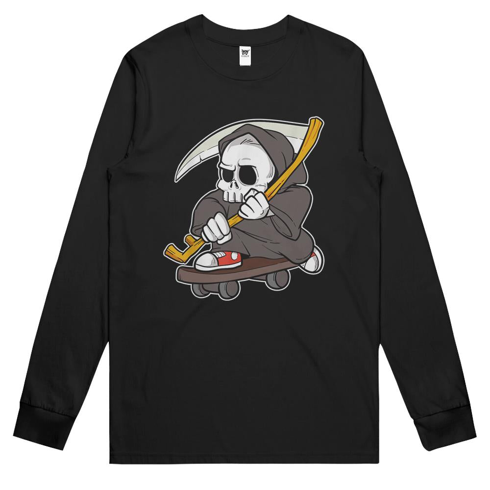 Funny Grim Reaper Skater Skate Or Die Skating Skull Skeleton Long Sleeve T Shirts