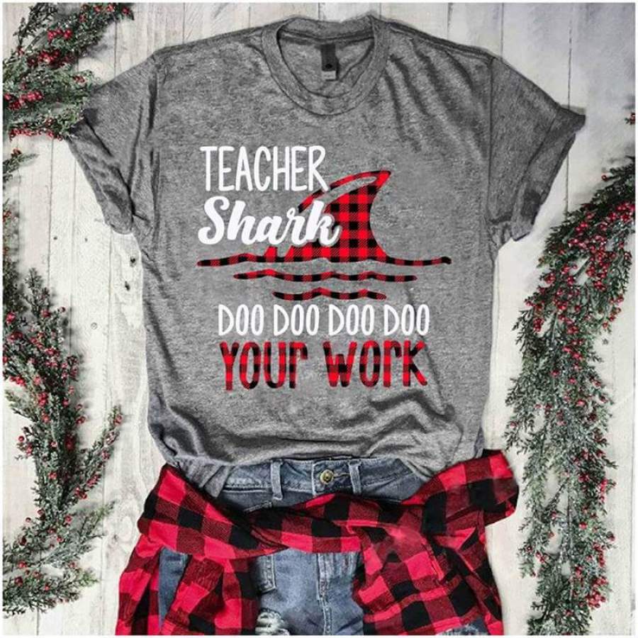 Teacher Shark T-shirt Funny Letter Graphic Print Women Short Sleeve Blouse Tops