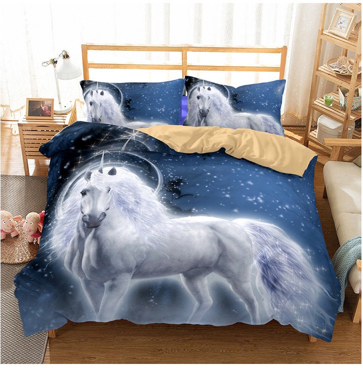 3D Cartoon Kids Night Unicorn Bedding Set Quilt Cover Quilt Duvet Cover ,Pillowcases Personalized  Bedding,Queen, King ,Full, Double 3 Pcs