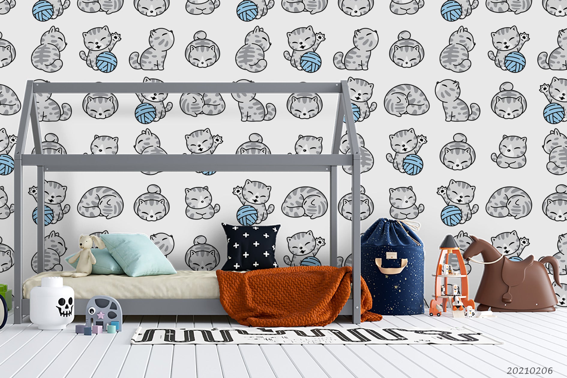 3D Cartoon Animal Grey Cat Wall Mural Wallpaper Lqh 237