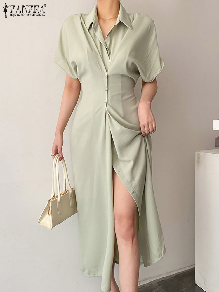 ZANZEA Women Elegant Shirt Dresses 2022 Summer Short Sleeve Maxi Vestidos Casual Solid Long Sundress Oversized Loose Lapel Robe alx