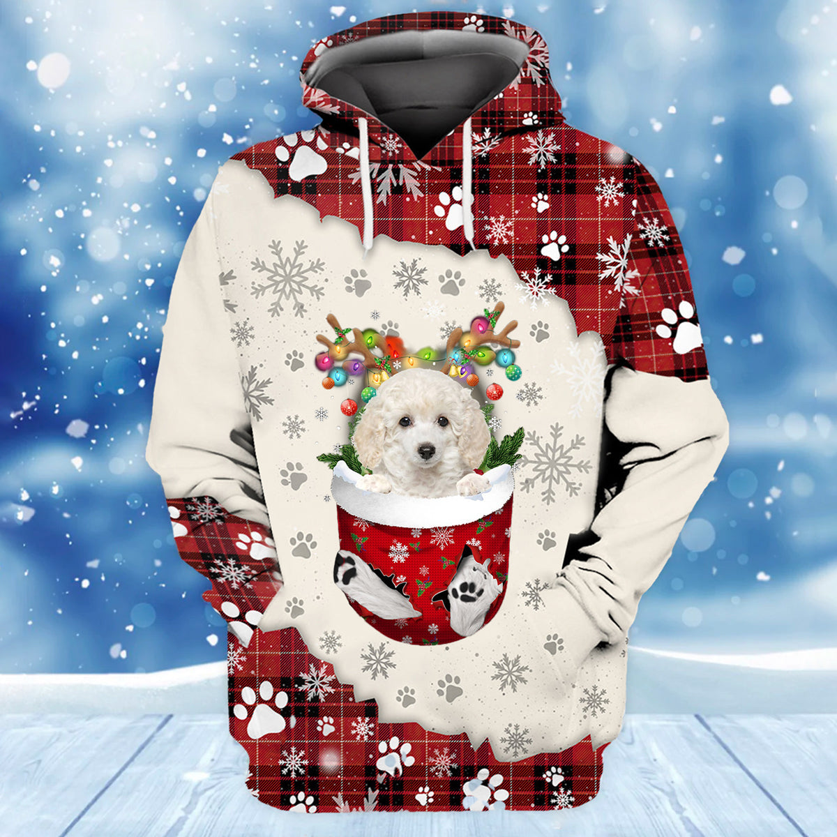 White Toy Poodle In Snow Pocket Merry Christmas Unisex Hoodie