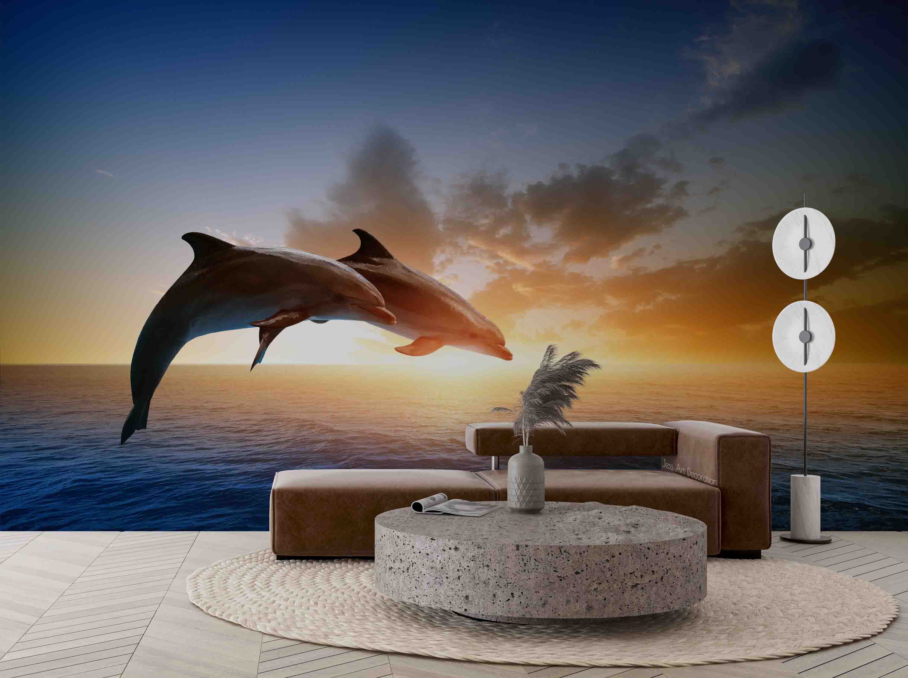 3D Dolphin Love Ocean Sun Cloud Sky Wall Mural Wallpaper Gd 2462