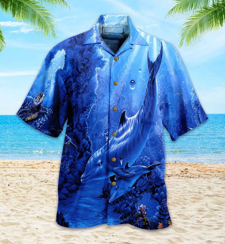 Dolphin Playing Blue Hawaiian Shirt 3D