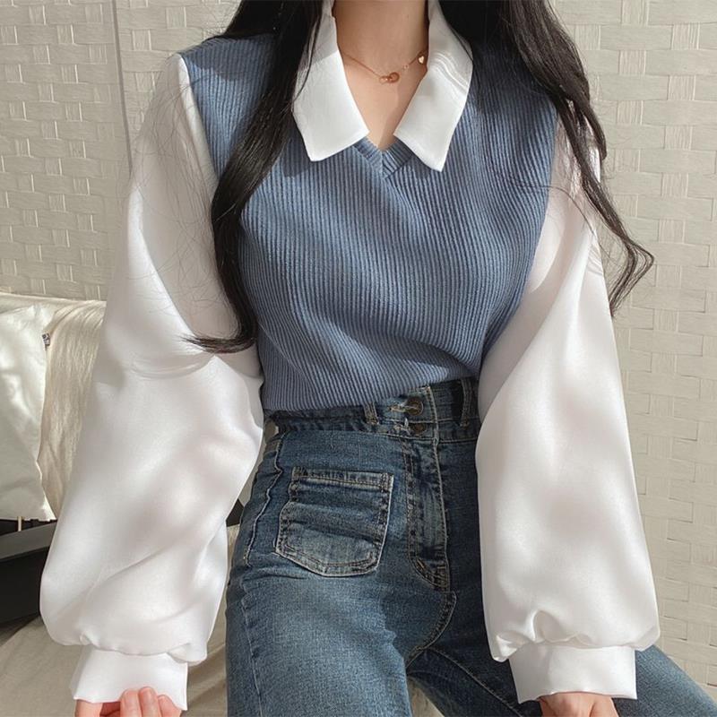 Yasuk Autumn Winter Fashion Women’s Casual T-Shirts Pullover Loose Top Fake Two Piece Suit All-Match Preppy Style Student Gentle alx