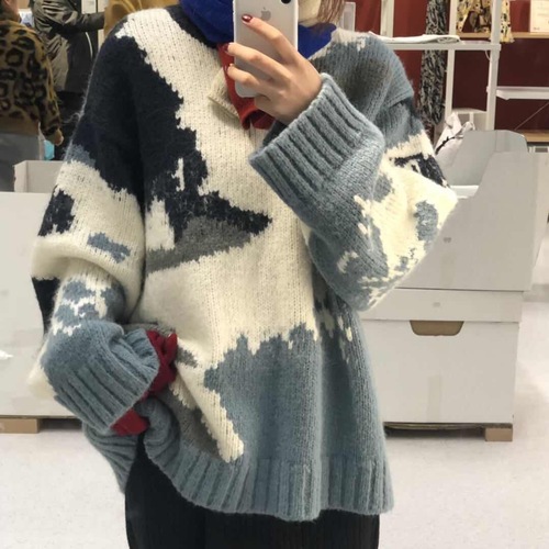 Woherb Contrast Color Print Sweater Women Pullover 2022 Autumn Winter Korean Thick Long Sleeve Knit Jumper O-Neck Warm Sweaters alx