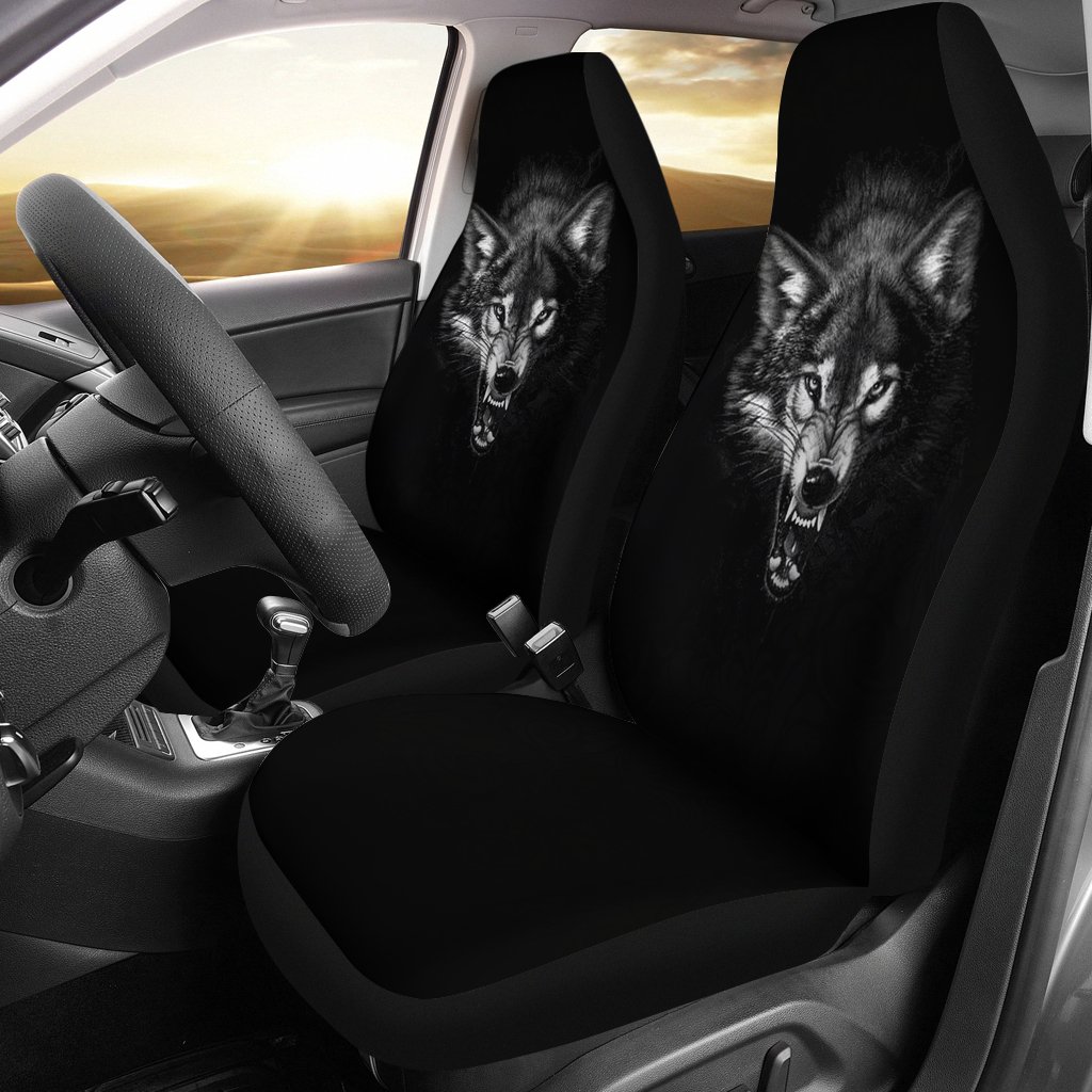 Angry Wolf Black And White Animal Car Seat Covers T0222