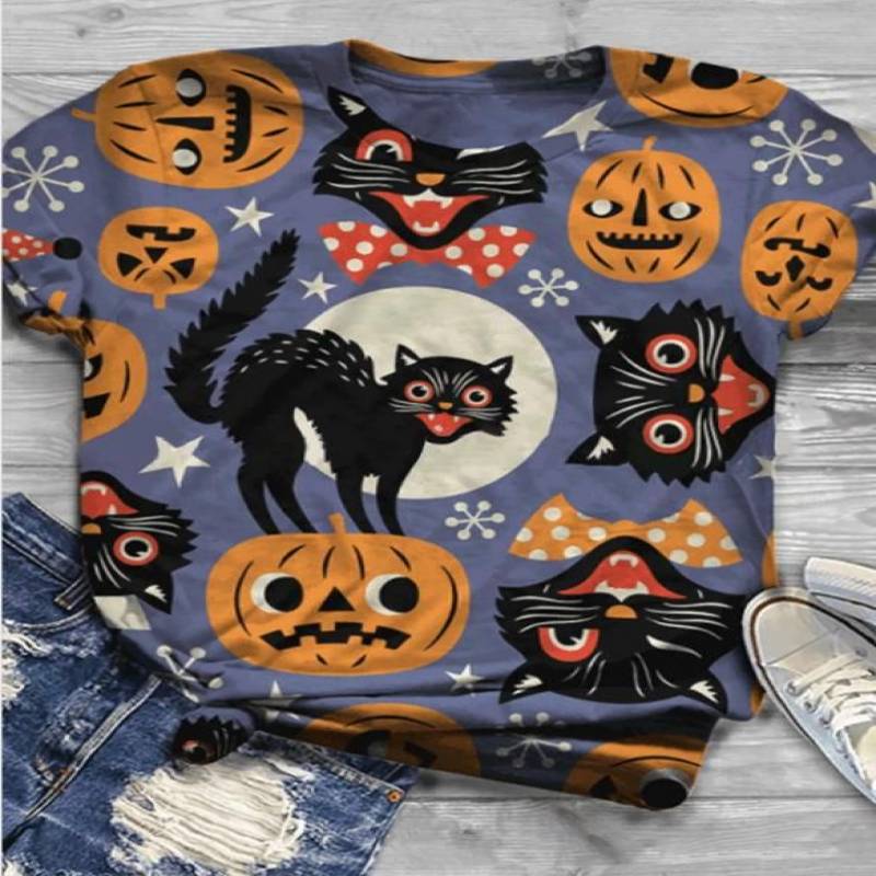 Women’s Animal Cat Halloween Print T-Shirt