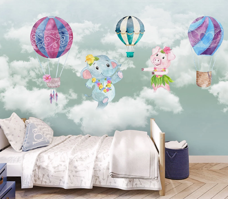 3D Elephant Pig Hot Air Balloon Wall Mural Wallpaper Sf398