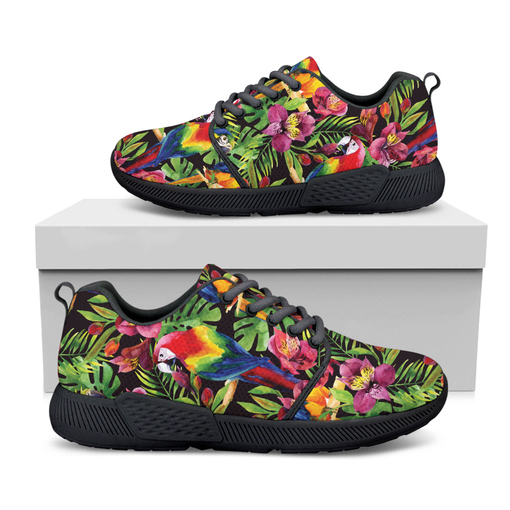 Watercolor Parrot Pattern Print Black Athletic Shoes