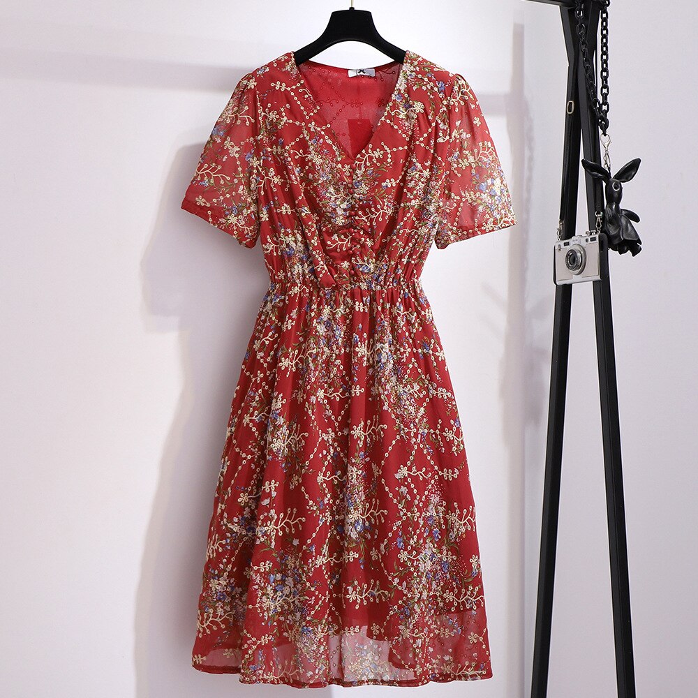 5XL 6XL 2020 summer women floral embroidery printed plus size dress ladies v-neck short sleeve midi dress JC141 alx