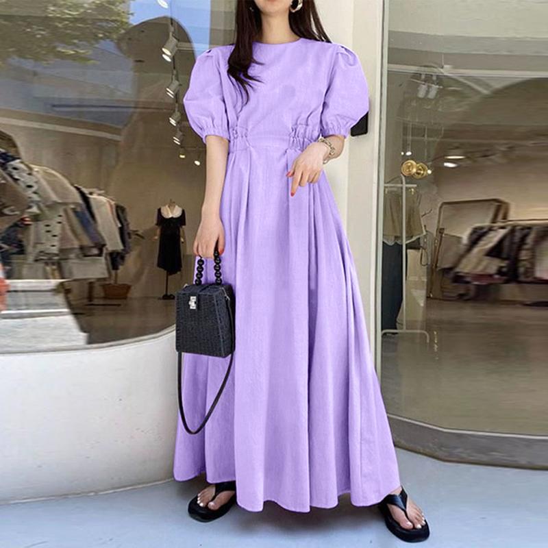 Summer Sundress ZANZEA Elegant Women Short Puff Sleeve Pleated Long Dress Robe Femme Casual Fashion Solid Party Work Vestidos 7 alx