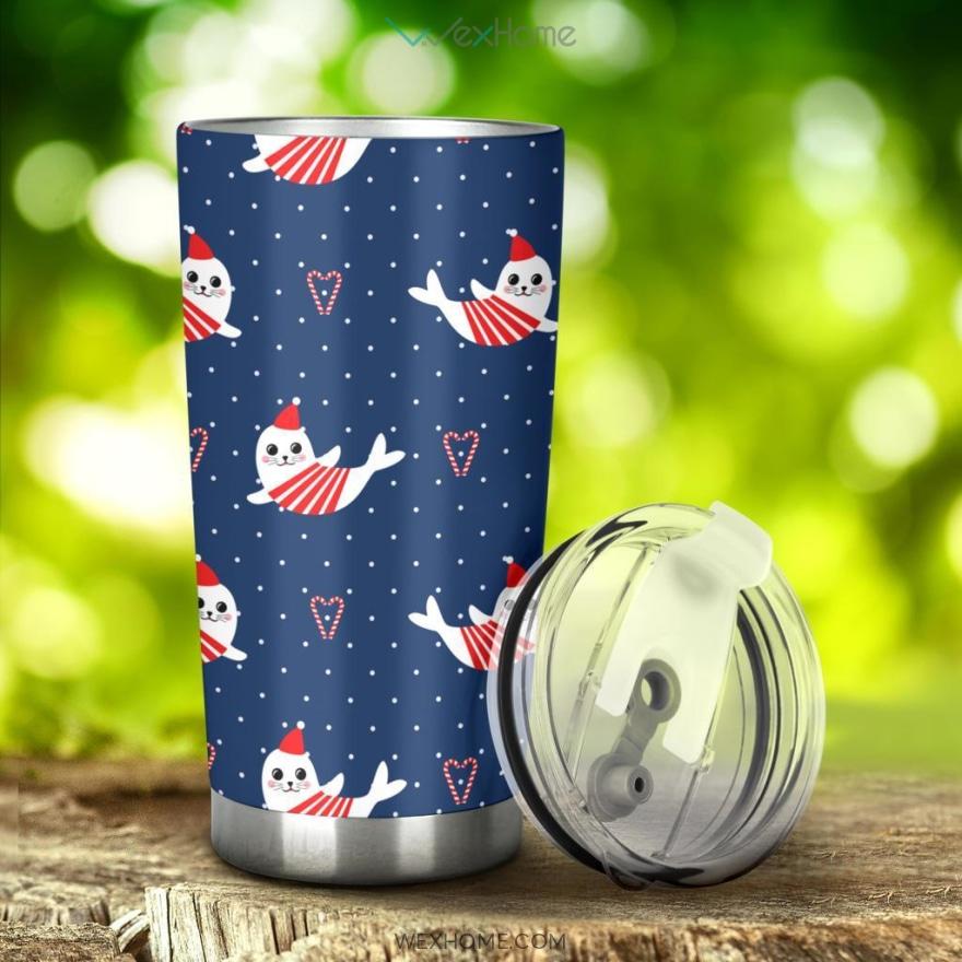 Cute Sea Lion Seal Christmas Hat Candy Cane Heart Pattern Tumbler Unique Design Amazing Gift W1201