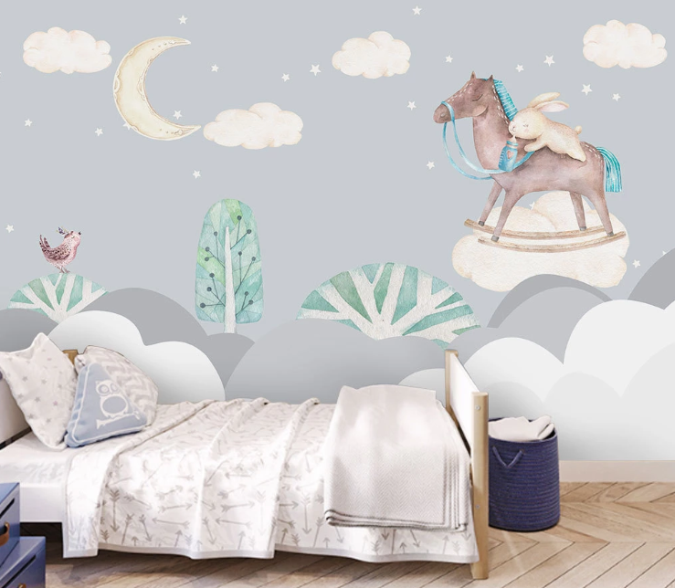 3D Cartoon Moon Trojan Rabbit Bird Tree Wall Mural Wallpaper Sf482