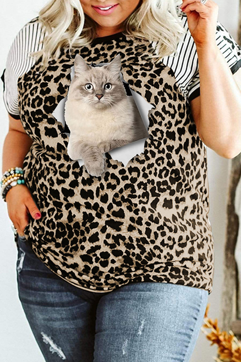 Cat Print Leopard Short Sleeve T-Shirts