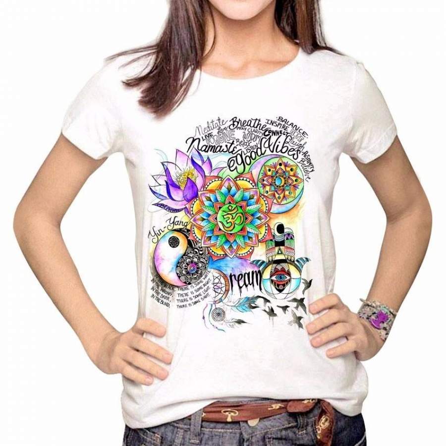 Good Vibes Crew Neck Zen Cute Top Harajuku Vintage Tumblr White Summer Yogi Yin Yang T Shirt Tees