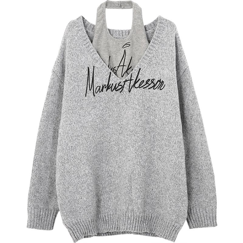 V-neck mid-length style sweater knitted sweater high street design hot girl loose ins hanging neck small suspender two-piece set alx