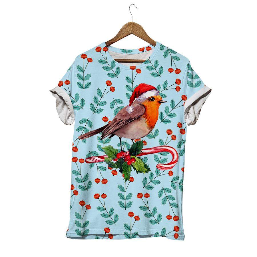 Robin Bird In Red Santa Hat On Candy Cane With Xmas Mistletoe Christmas Bird T-shirt