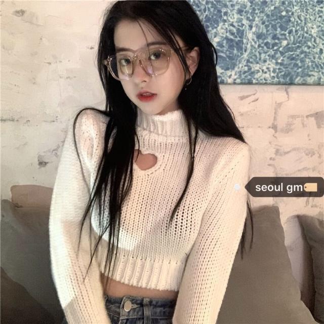 Turtleneck Sweater Women White Hollow Out Spring All-match Knitting Cropped Pullovers Design Standard Korean Fashion Solid Ins alx