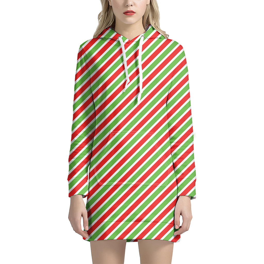 Red Green And White Candy Cane Print Women’S Pullover Hoodie Dress