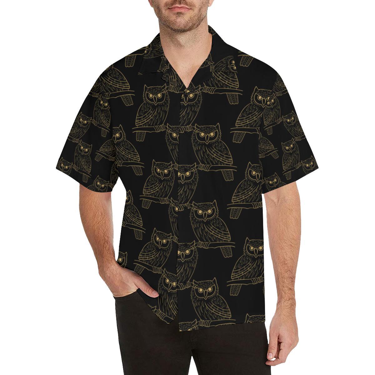 Gold Owl Pattern Hawaii Unisex Print Aloha Short Sleeve Casual Shirt Ha82452