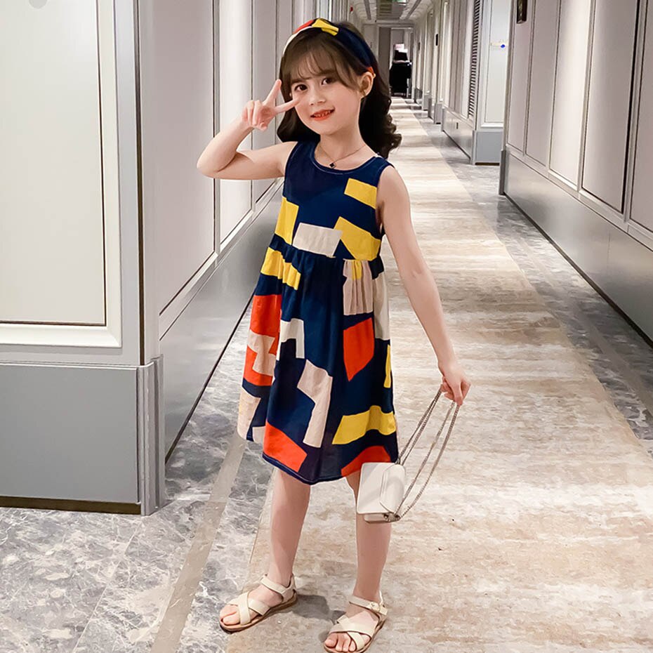 Summer Dress Girl Geometric Party Dress For Girls Sleeveless Children Dresses O Neck Casual Style Girls Clothes alx