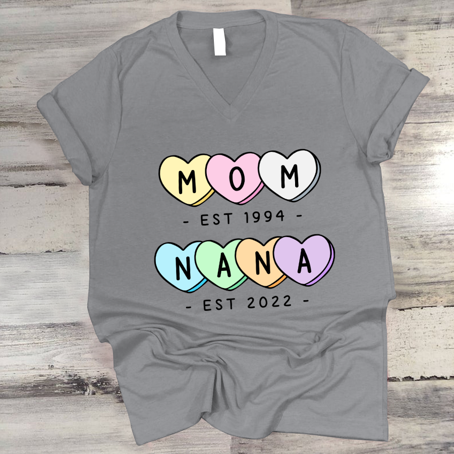 Mom Est Grandma Est Hearts V-Neck