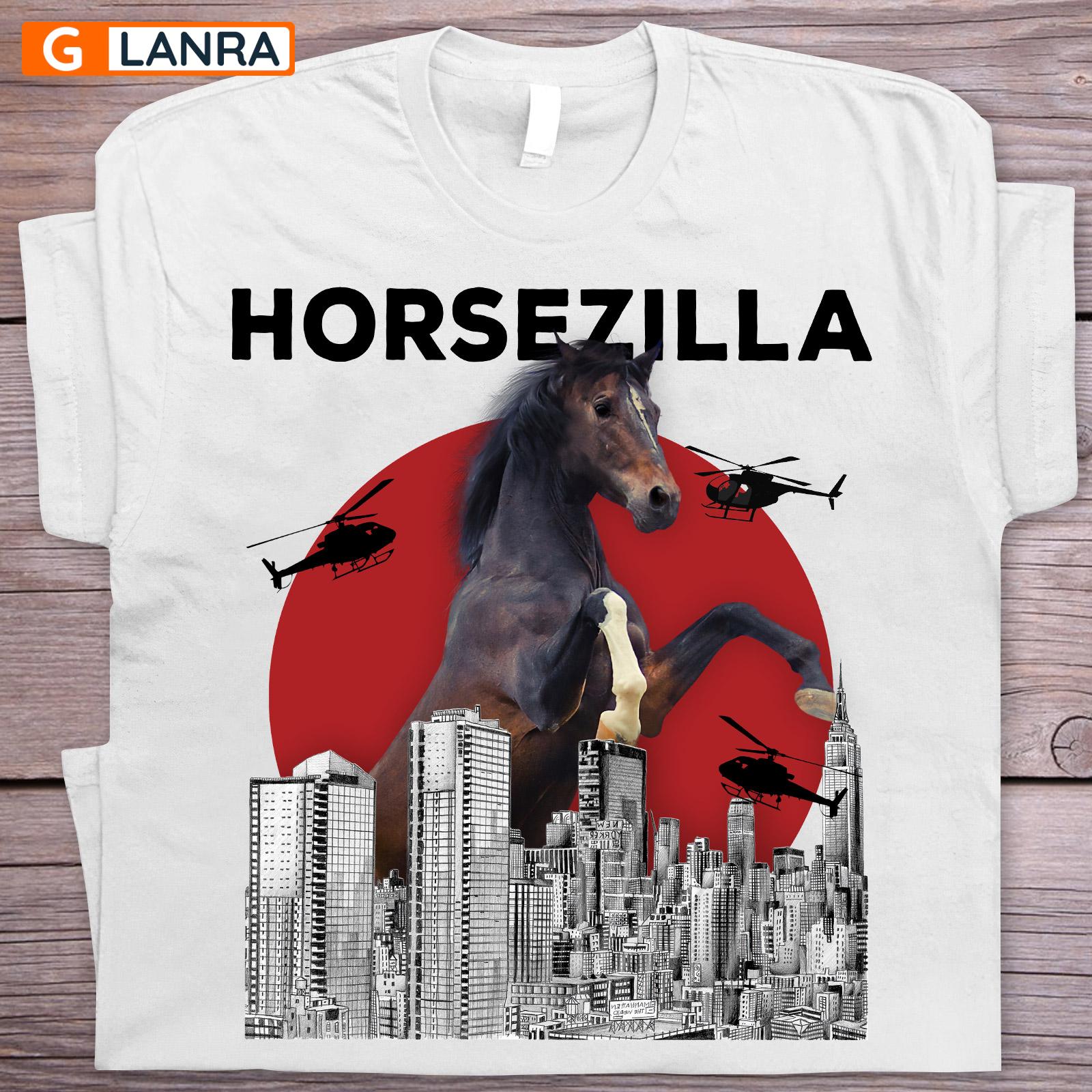 Horsezilla Shirt, Horse Shirt, Horse Farm Shirt, Farm Animal Shirt, Horse With Skyscraper And Helicopter Shirt, T-Shirt, Tee