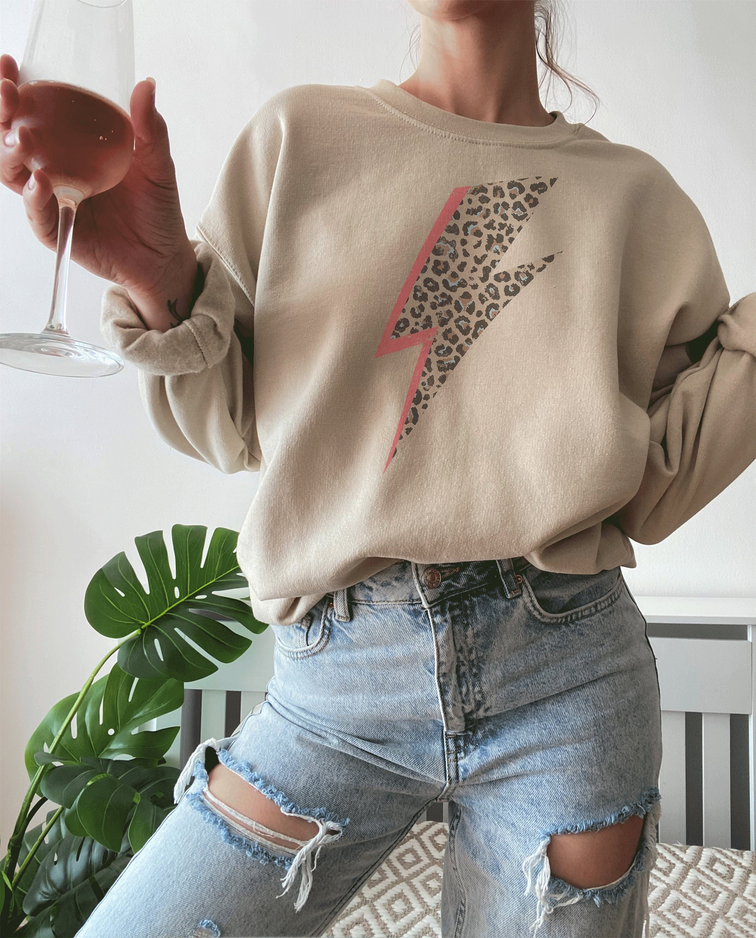 Lightning Bolt sweatshirt, Leopard Bolt sweatshirt, Oversized sweatshirt, Boho Colors