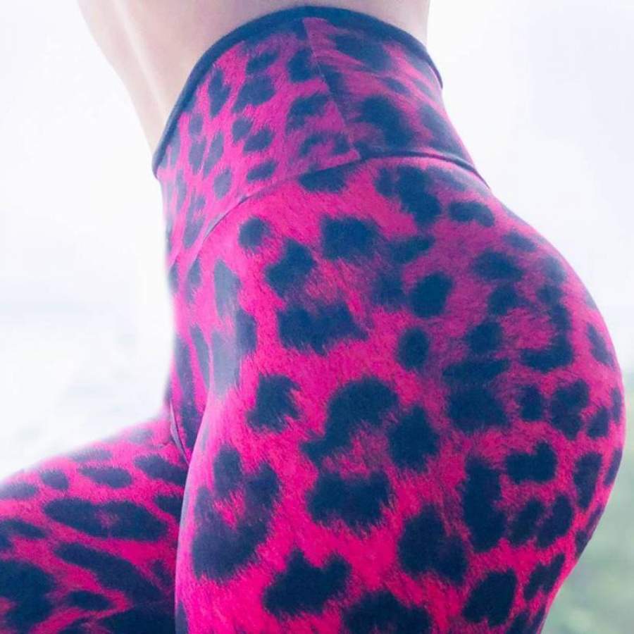 Rose Red Leopard Print Breathable Running Pants Yoga Leggings