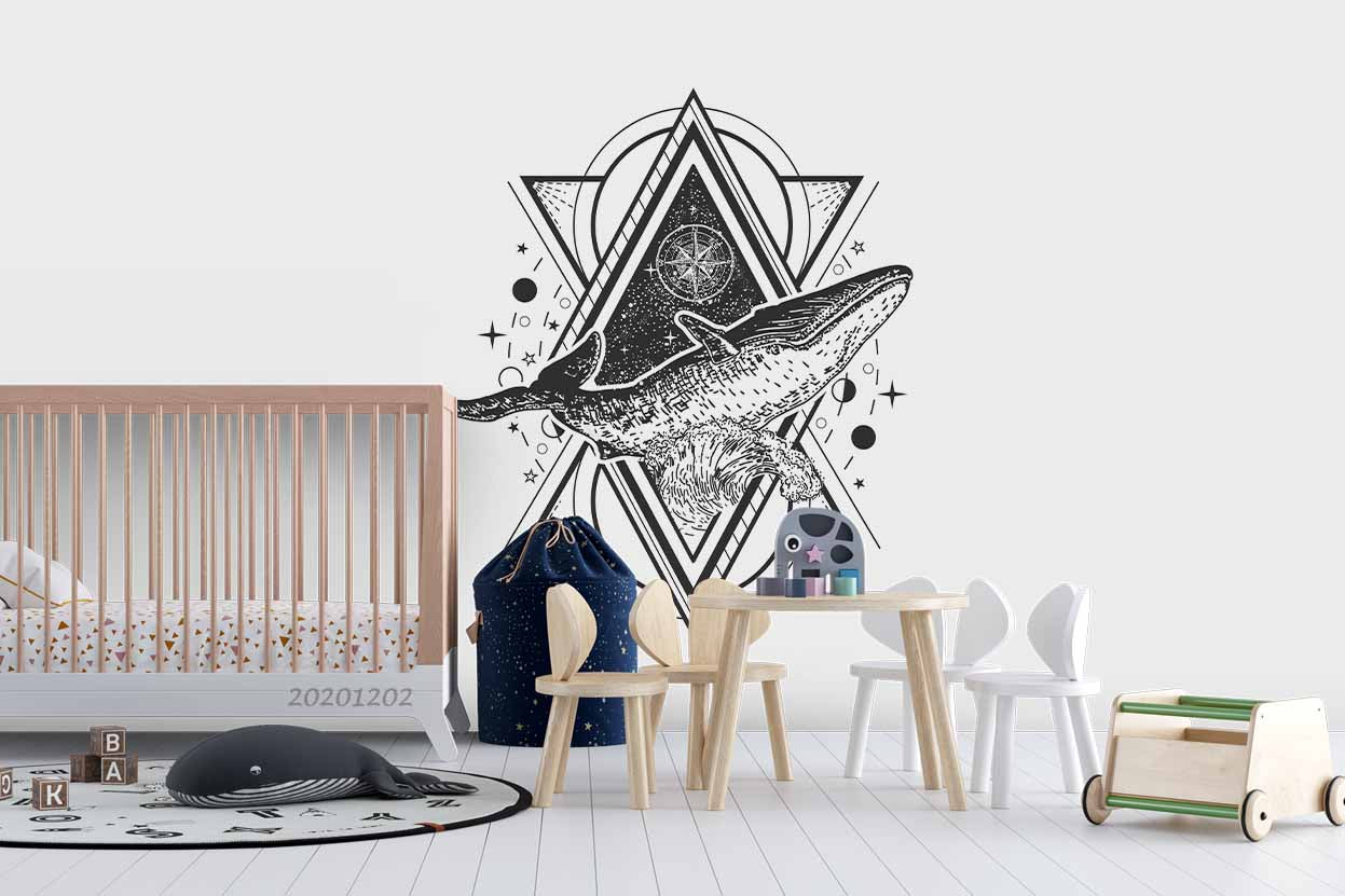 3D Hand Drawn Whale Tattoo Art Style Geometric Frame Wall Mural Wallpaper Lxl