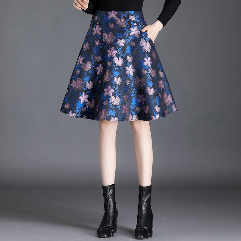 Women Blue Jacquard A-line Skirt Spring Autumn High Waist Korean Fashion Skirt Office Lady Elegant Chic Short Skirts alx