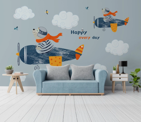 3D Cartoon Cloud Airplane Animal Wall Mural Wallpaper Lqh 595