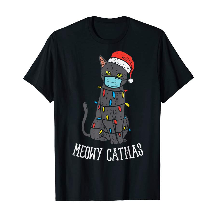 Santa Black Cat Mask Meowy Catmas Christmas Quarantine Gift T-Shirt