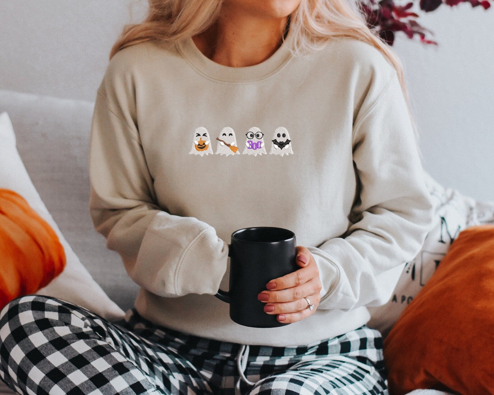 Ghost Halloween Embroidered Halloween Sweatshirt 2D Crewneck Sweatshirt All Over Print Sweatshirt For Women Sweatshirt For Men Sws3379