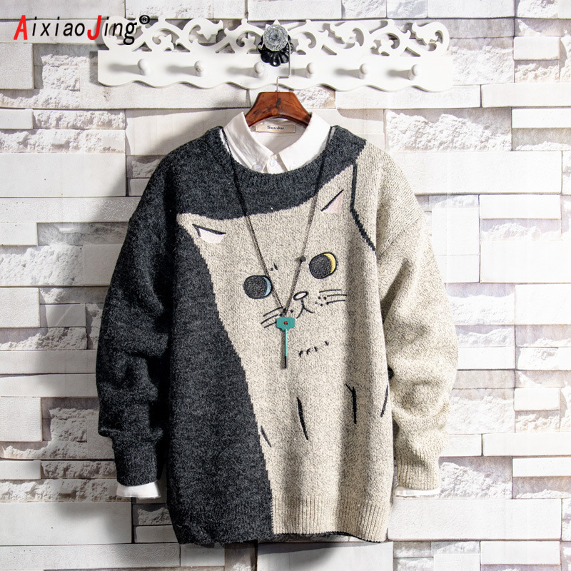 Wholesale 2022 embroidered youth casual couple cat sweater men and women autumn lazy warm thickening base plus fleece sweater alx