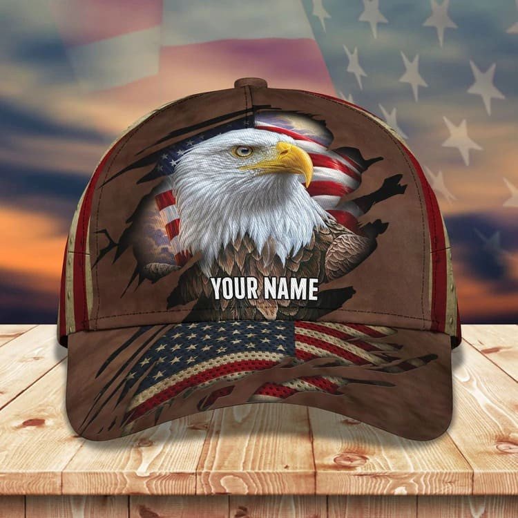 Customized Eagle Cap Leather American Flag Pattern, Eagle Hat For Dad, Eagle 3D Baseball Cap For Veteran