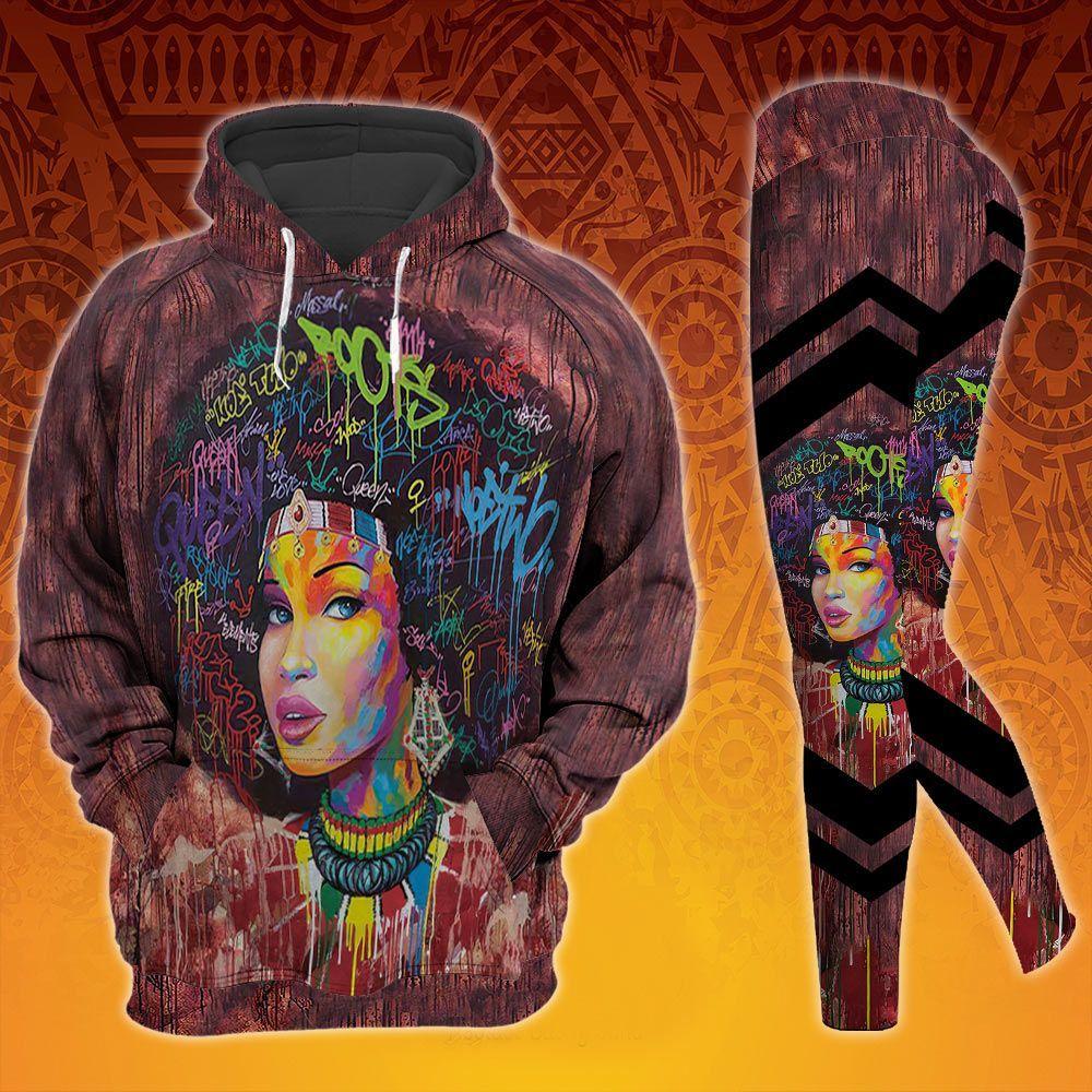 Black Queen All Over Print Leggings Hoodie Set Outfit For Women | Hts1447