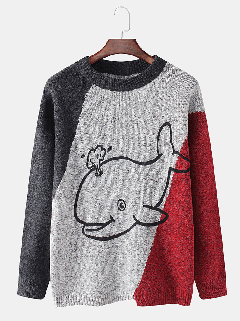 Mens Cartoon Whale Graphics Colorblcok Long Sleeve Cute Knitted Sweaters