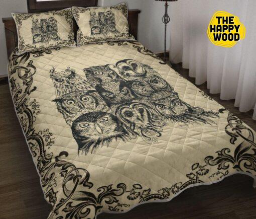 Owl Family Flower Pen Art Atyle Vintage Style Quilt Bed Set And Pillow Covers