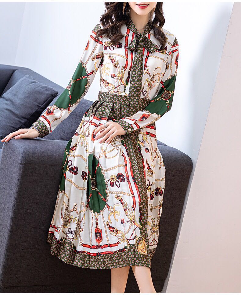 Designer Woman dress Spring Autumn Women’s Long sleeve Vintage Print Elegant Bow Pleated Dresses Lady Clothes Slim Vestidos Robe alx