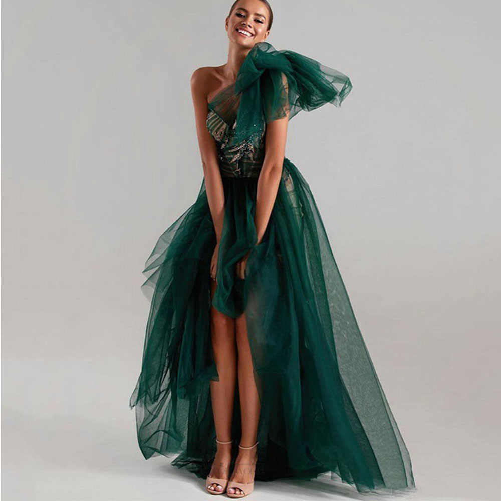 Weilinsha One Shoulder Prom Party Dress A-line Sliver Applique Tulle Evening Gown Long Ruched Modern Green Robes De Soirée 2022 alx