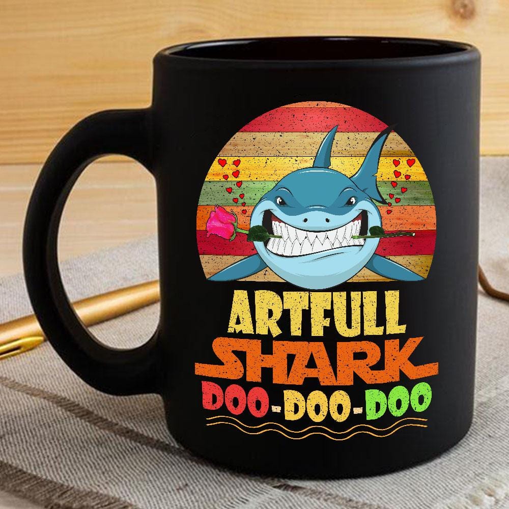 Vintage Artfull Shark Doo Doo Doo Coffee Mug Retro Shark And Rose Womens Custom Father’s Day Mother’s Day Gift Idea BPS351