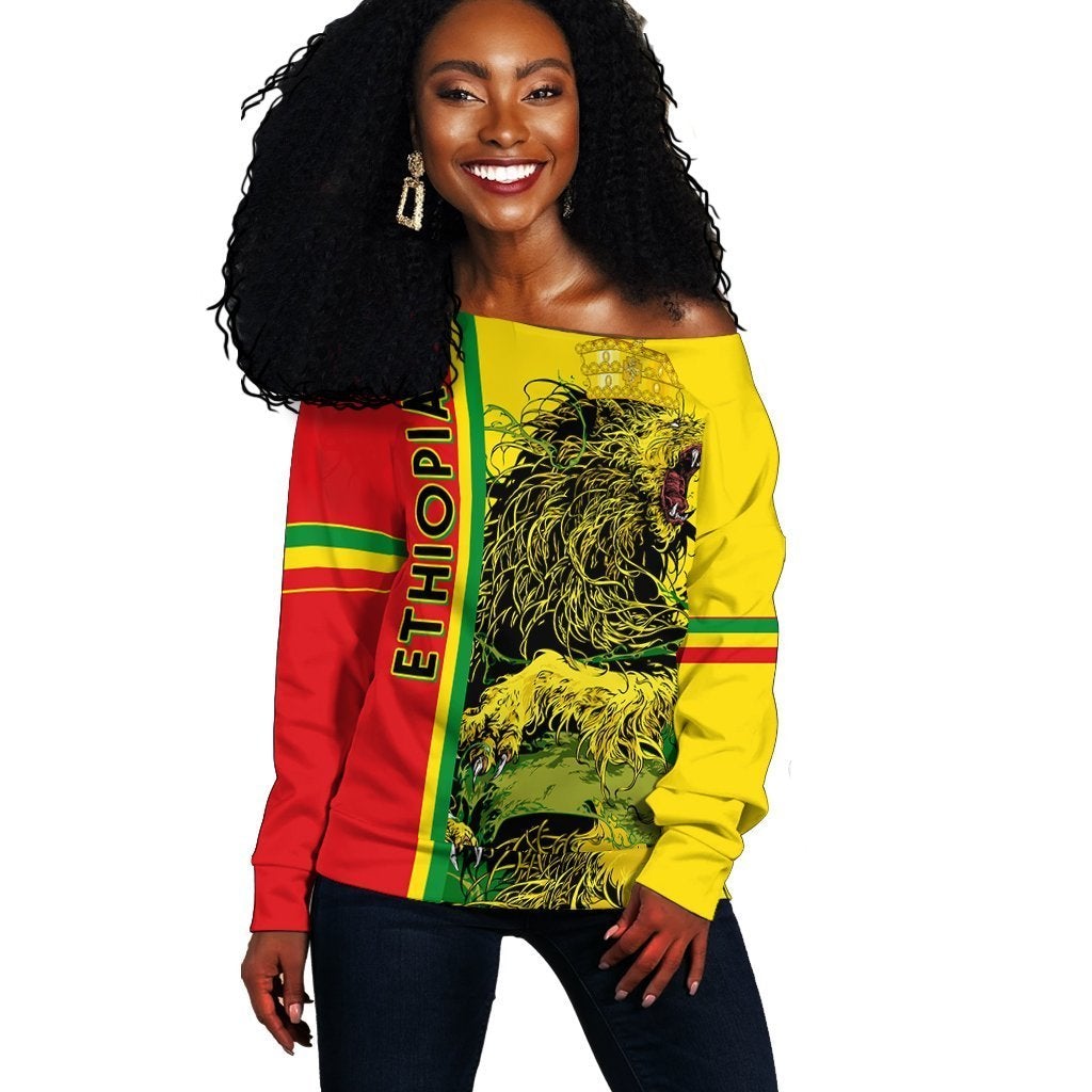 Wonder Print Shop Sweater – Ethiopia Women Off Shoulder Quarter Style – Lion Crown Red Yellow