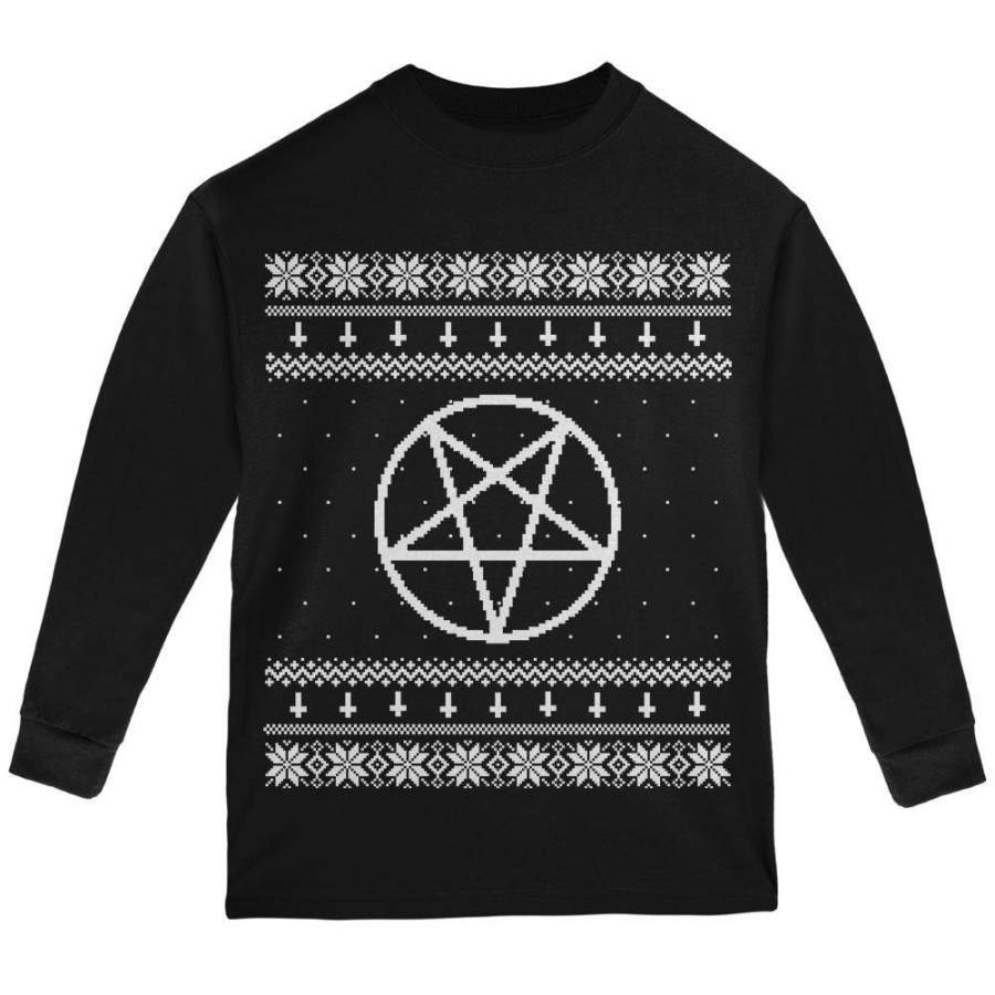 White Satanic Pentagram Ugly Christmas Sweater Black Youth Long Sleeve T-Shirt