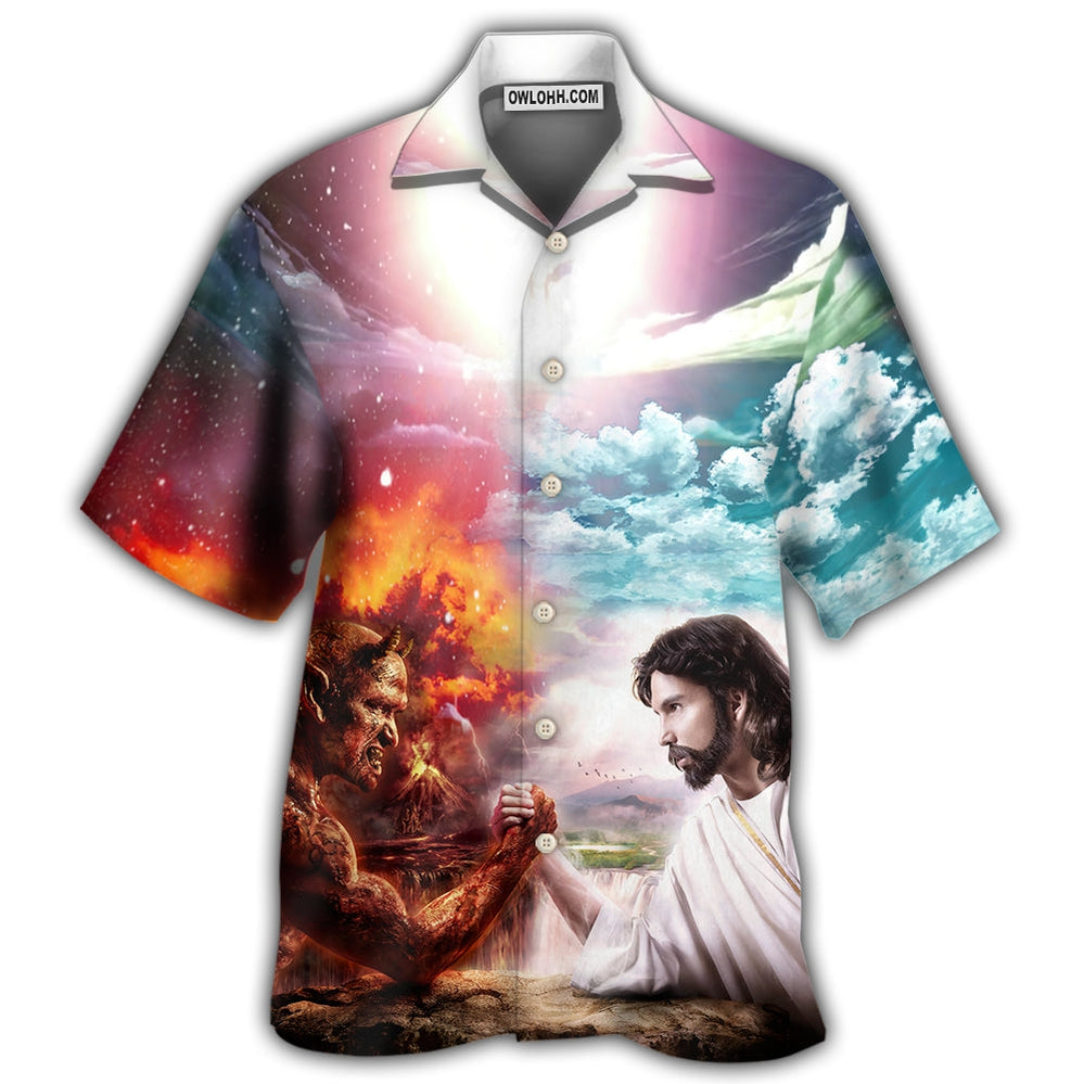 Wrestling Arm Wrestling Jesus Vs Satan – Hawaiian Shirt – Owl Ohh