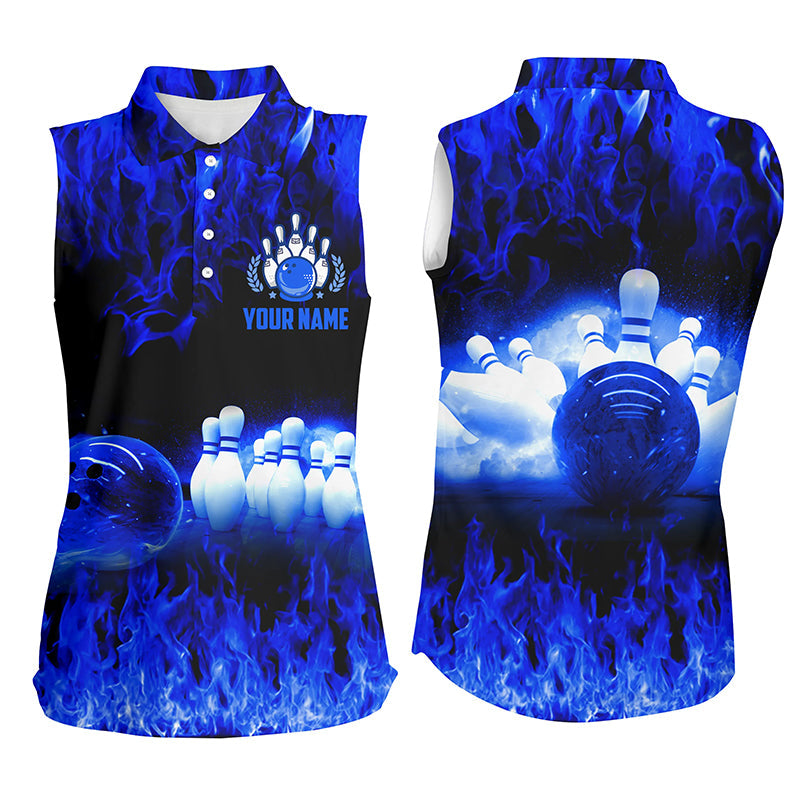 Blue Flame Women Bowling Sleeveless Polo Shirts, Personalized Team Bowling Female Bowling Uniform