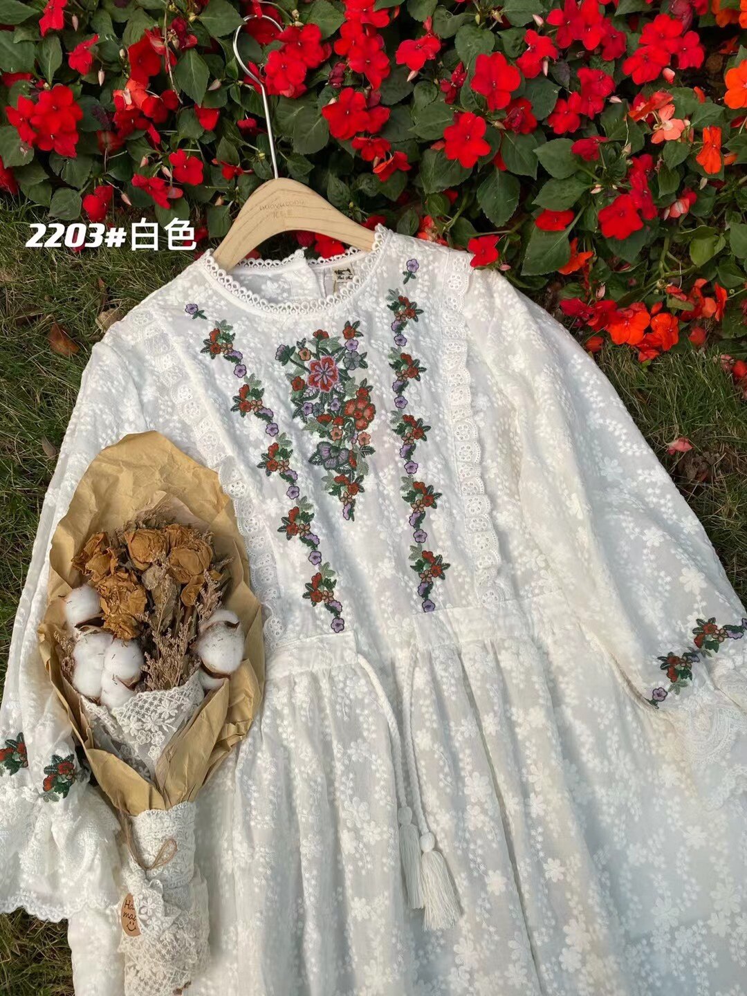 2022 Spring New Sweet Embroidered Dress Lace O-neck Cotton Long-sleeve Loose Fairy Dress Japanese Mori Girl All-match Dress alx